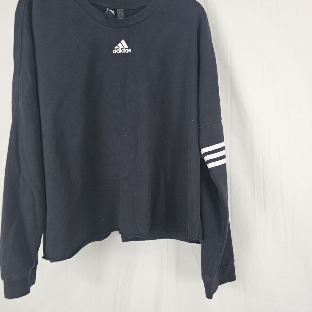Adidas Women's Size Large Black Spellout Sweatshirt Cropped Raw Hem - Picture 2 of 4